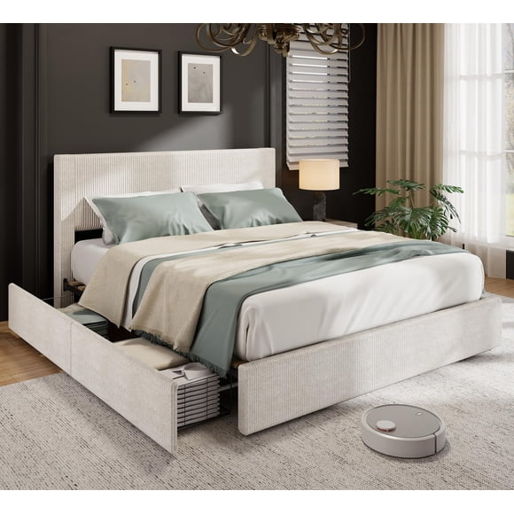 Upholstered Bed Frame with 4 Drawers, Platform Storage Bedframe, Corduroy Channel Tufted Headboard, Wooden Slats Support, No Box Spring Needed