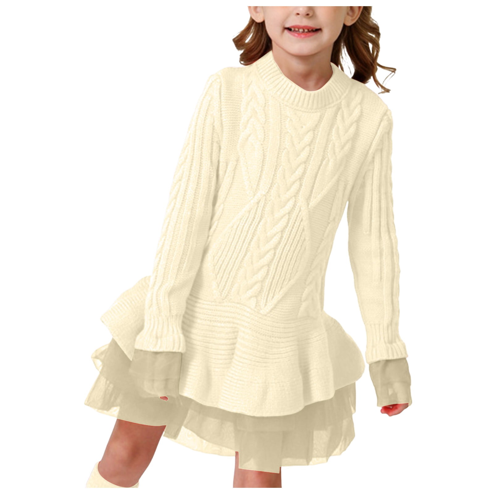 Splozh Long Sleeve Dress Spring and Autumn Girls Winter Long Sleeved Party Dress Pattern Mesh Dress Beige,5-6 Years