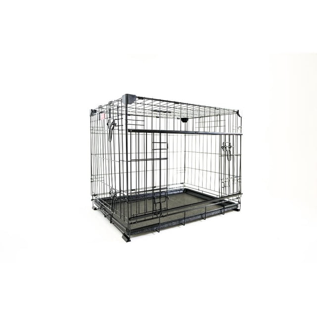 Lucky Dog Whisper Glide 24 Inch Sliding Double Door Crate with black rust-resistant wire construction, two sliding doors on front and side, removable leak-proof pan and rubber mat, and patented corner stabilizers to prevent collapse and reduce rattling, suitable for secure pet containment at home or travel.