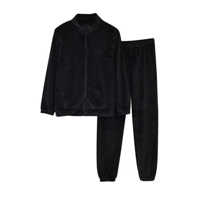 Timegard Women 2 Piece Fleece Pajamas Sets featuring a collared button-down long sleeve top with pockets and fuzzy cinch-bottom pants. The set is made of 95% polyester and 5% spandex, offering a soft and lightweight feel. The black lounge outfit is designed for comfort and warmth, ideal for fall and winter seasons. The top has a relaxed fit with a front button closure, while the pants feature an elastic waistband for a secure yet comfortable fit.
