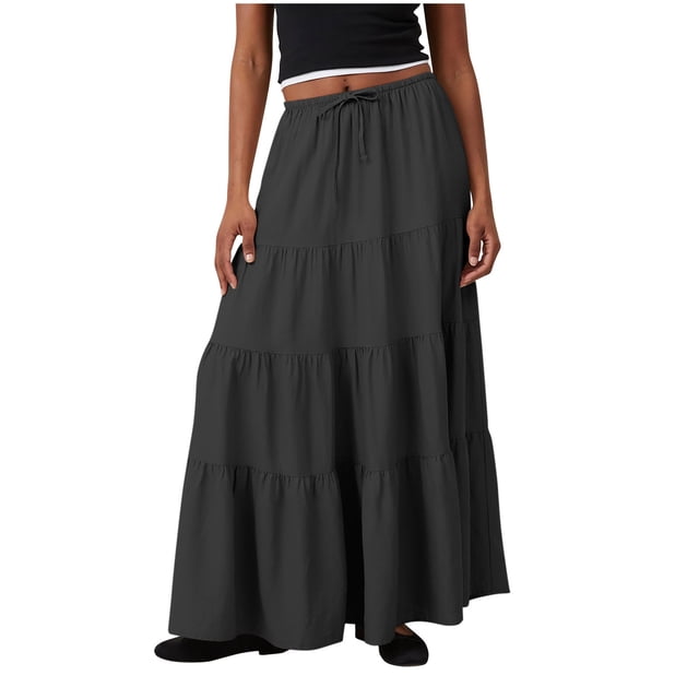 Besolor Maxi Skirt for Women Elastic Waist Drawstring Ruffle Tiered A-Line Summer Beach Boho Flowy Long Skirts