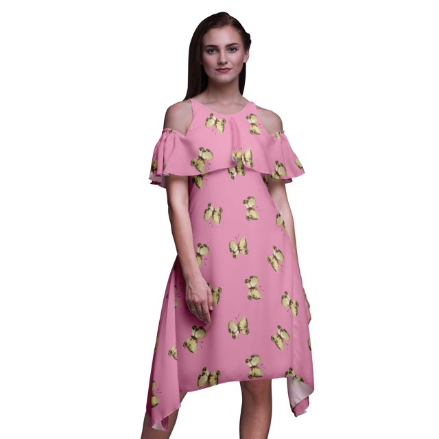 Bimba Robe Droite Évasée à Épaules Dénudées pour Femmes à Volants devant, Imprimé Papillon - Moyen