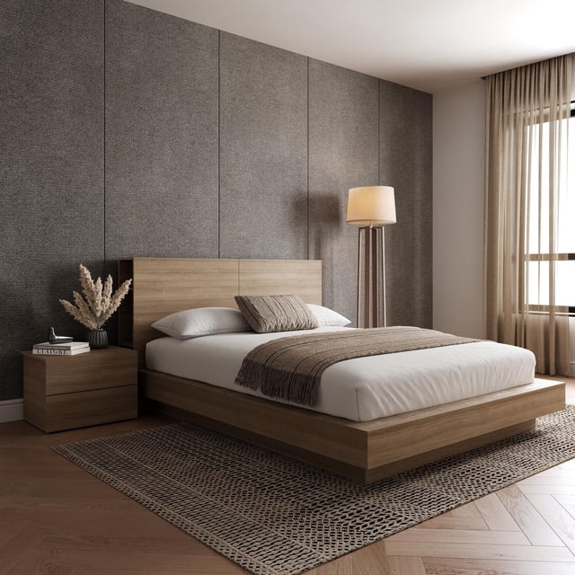 Nexera Marconi 3-Piece Bedroom Set with queen platform bed in light wood featuring a minimalist headboard with side storage and a matching 2-drawer nightstand. The bed is dressed in white linens with a beige throw and pillow, set on a textured area rug in a modern room with grey fabric walls, a floor lamp, and sheer curtains. This set is ideal for contemporary bedroom decor and offers easy assembly and practical storage.