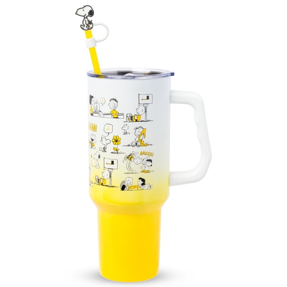 Silver Buffalo Peanuts Iconic Scenes Charlie Brown, Snoopy, Woodstock, Lucy, Sally, Linus Double Walled Stainless Steel Tumbler with Handle