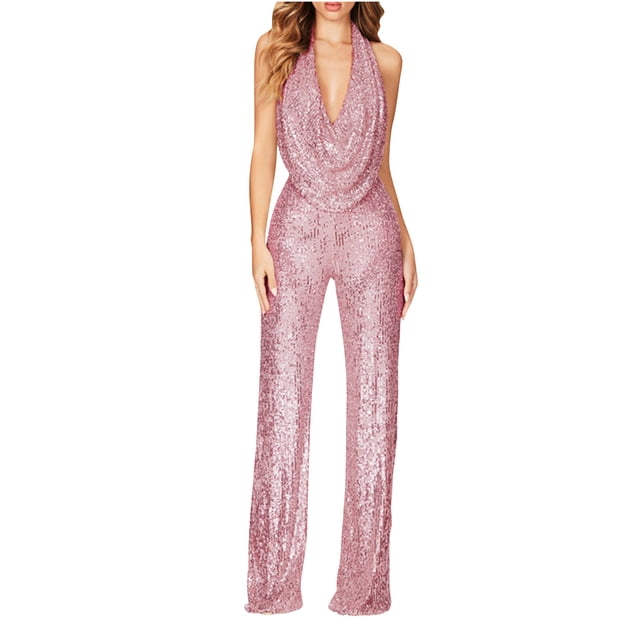 jovati Combinaison Décontractée pour Femmes à Paillettes, Couleur Unie, Manches Courtes, avec une Finition Rose Scintillante à Paillettes, Encolure Licou Sans Manches et Pantalon à Jambes Larges. Conçue pour les Femmes, Cette Combinaison en polyester Est Idéale pour un Style Décontracté, une Fête Ou un Usage Quotidien. Dotée d'Une Taille Haute Élastique avec Ceintures pour une Coupe et une silhouette Flatteuses.