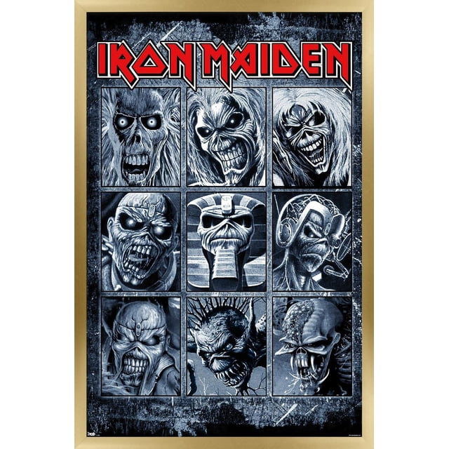Iron Maiden - Grid Wall Poster, 22.375" x 34" framed poster featuring nine black and white illustrated panels of Iron Maiden's mascot Eddie in various monstrous and skeletal forms, with the red Iron Maiden logo at the top on a textured dark background, suitable for home or office wall décor.