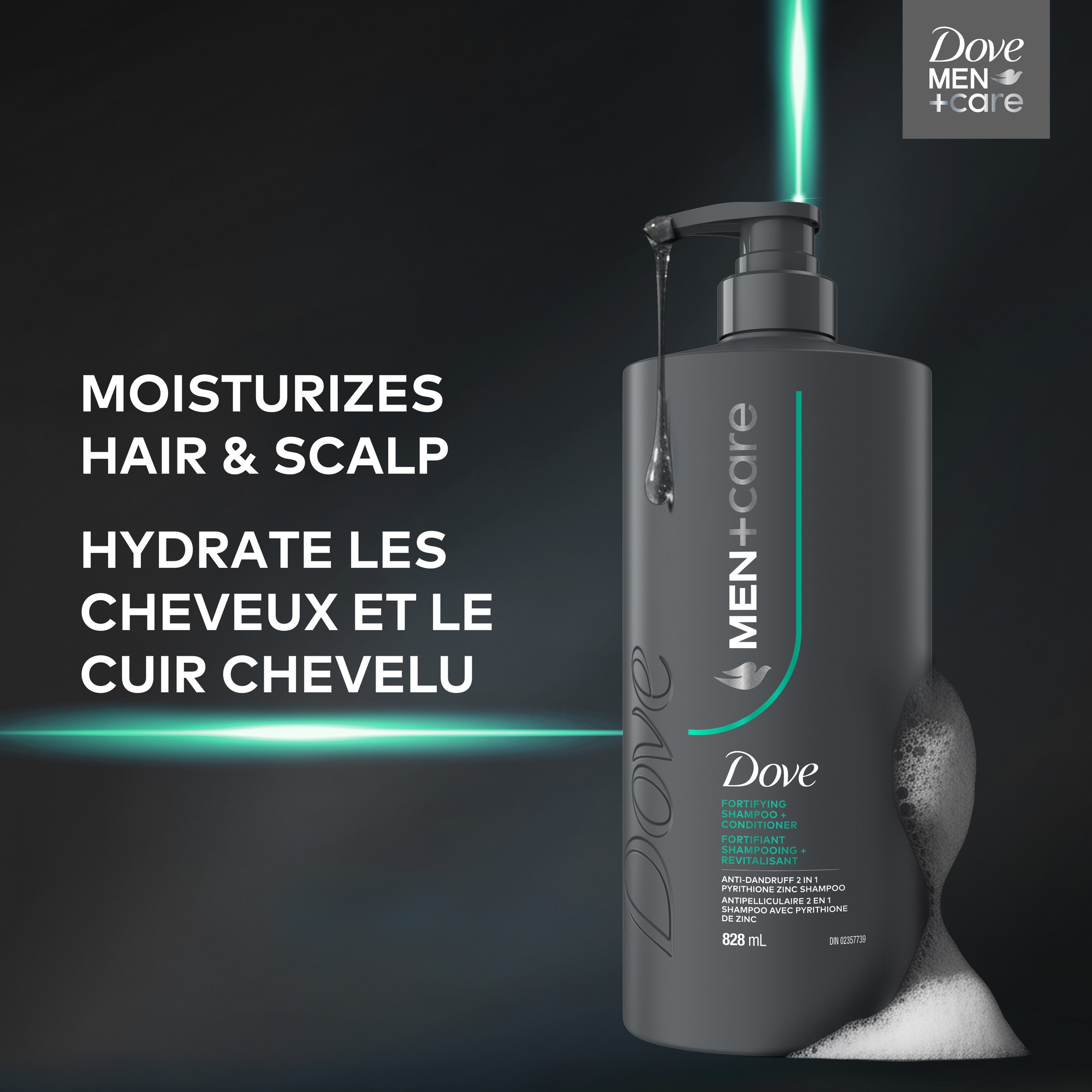 Dove Men+Care Shampooing Antipelliculaire 2-en-1 avec Pyrithione de Zinc, 828 ml
