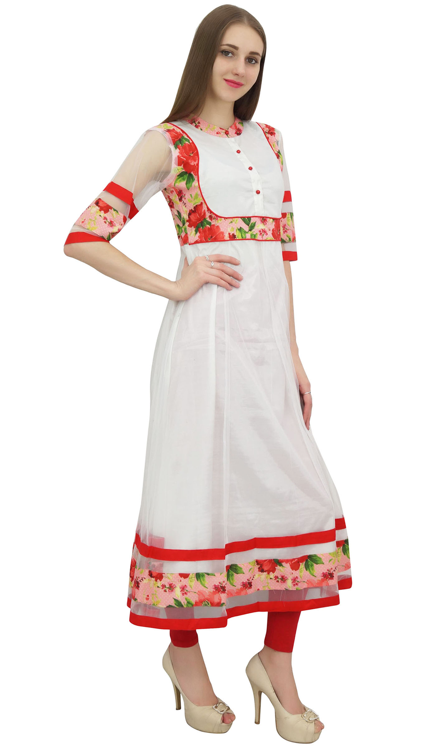 Bimba Kurti Anarkali Longue Évasée Blanche pour Femme Kurta Blouse Classique Indienne-10