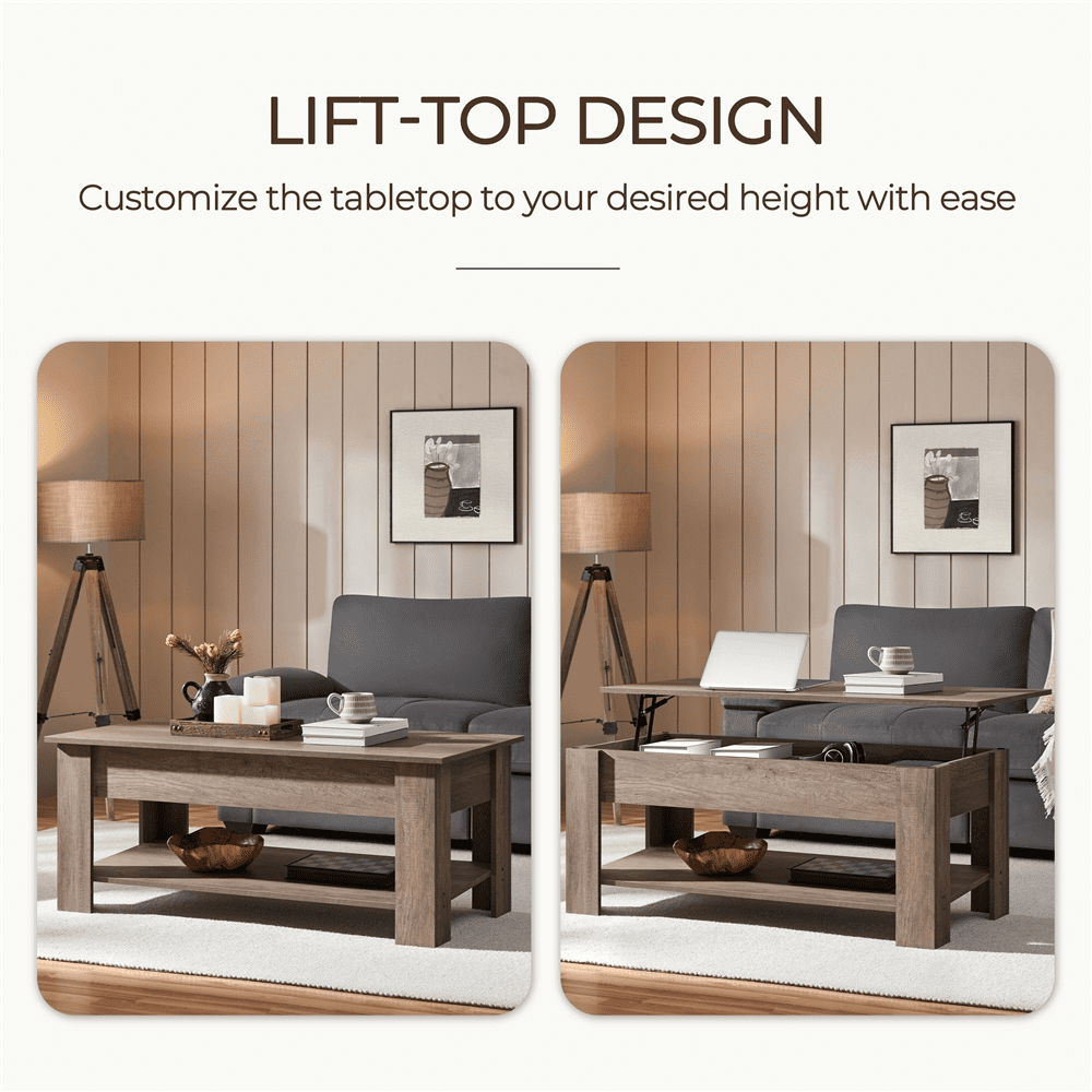 Fullfurnique Lift Top Coffee Table with Large Hidden Compartment and Storage Open Shelf, Gray