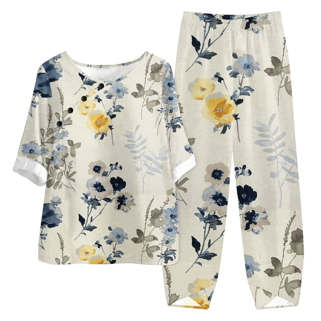 Birdeem Ensemble Deux Pièces pour Femmes d'Été Imprimé, Haut Court à Manches Mi-Longues à Col Rond + Pantalon Décontracté, Ensemble de Détente