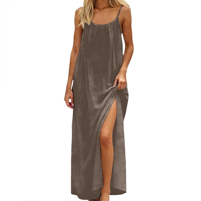 Daiosportswear Robe Longue de Détente pour Femmes à Bretelles Spaghetti, Dos Nu, Coupe Ample, Robe-Robe à Manches Courtes pour Femmes Café S(S)