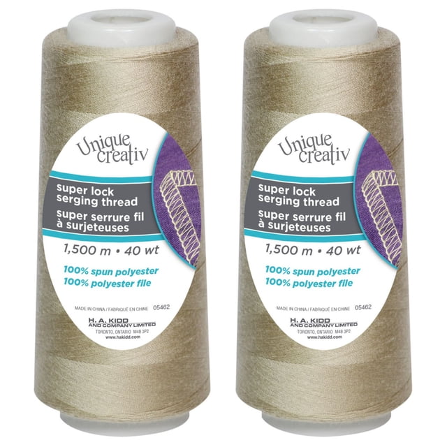 UNIQUE CREATIV TRULOCK serging thread in beige, 100% spun polyester, 40 wt, 1500 m cone for overlock machines, suitable for seams, hems, and edge finishes on knits and wovens, shown as two cones with white plastic tops and clear product labels.