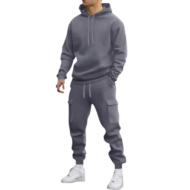 Mens Long Sleeve, Tracksuit with Hooded Pullover and Elastic Waist