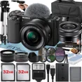thumbnail image 1 of Sony Alpha ZV-E10 Mirrorless Vlog Camera With 16-50mm Lens + Two Pack 32GB Memory Card + Flash + Tripod + Case + ZeeTech Accessory Bundle (Black), 1 of 1
