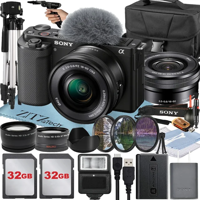 Sony Alpha ZV-E10 Mirrorless Vlog Camera With 16-50mm Lens + Two Pack 32GB Memory Card + Flash + Tripod + Case + ZeeTech Accessory Bundle (Black)
