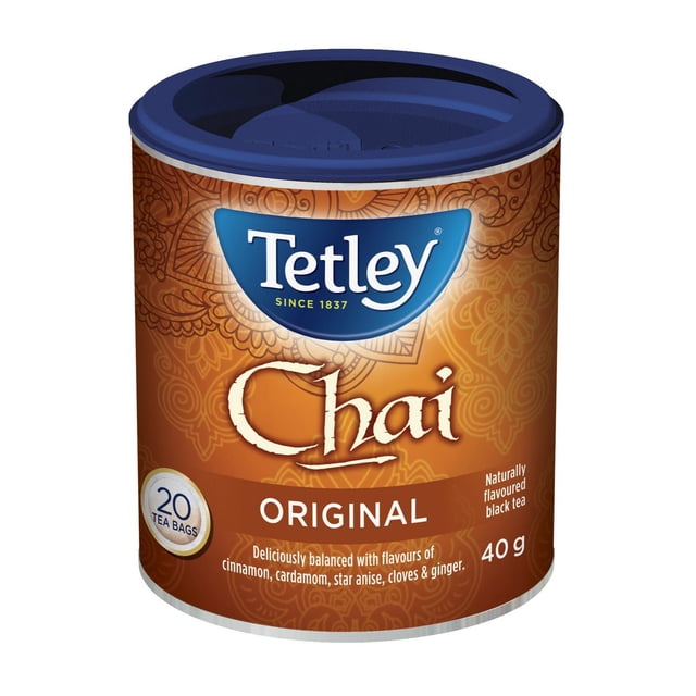 Tetley Chai Tea 40g container with 20 tea bags, brown label with Indian-inspired patterns and blue lid, featuring original flavour balanced with cinnamon, cardamom, star anise, cloves, and ginger, ideal for making authentic chai latte with hot water and steamed milk.