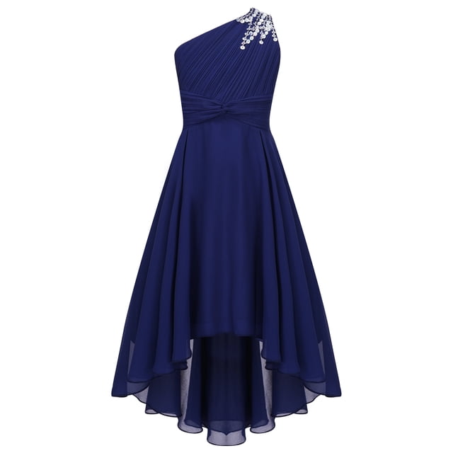 TSSOE Robe pour Fillettes Demoiselle d'Honneur Junior pour Mariage Froncée à une Épaule Fête Ourlet Haut-Bas Robe de Bal Bleu Marine 14