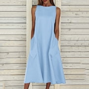 HKEJIAOI Women's Casual Dresses Deals Clearance Valentine's Day Gift Fashion Women Solid Comfy Summer O-Neck Ladies Pockets Sleeveless Dress Blue