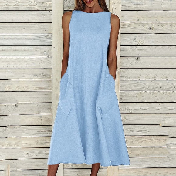 HKEJIAOI Women's Casual Dresses Deals Clearance Valentine's Day Gift Fashion Women Solid Comfy Summer O-Neck Ladies Pockets Sleeveless Dress Blue