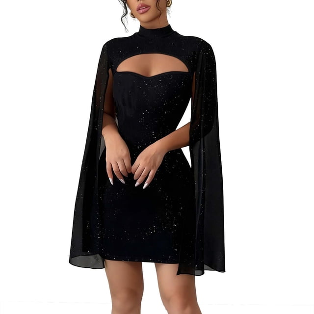 huilin Robe Cape en Chiffon Perlé Côtelée à Col Rond pour Femmes, Robe Enveloppante à Manches Longues pour Usage Quotidien, Fête, Rendez-Vous, Tenue de Luxe