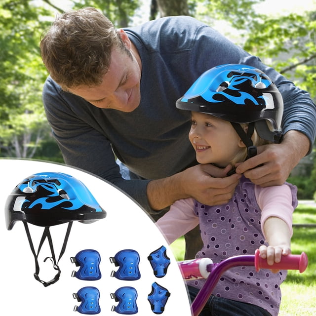 Meitianfacai 7 Pcs Set Children Outdoor Sport Helmet Knee Pad Cycling Skating Protective Gear Set. The image shows a child wearing a blue and black helmet while an adult adjusts the chin strap. The set includes a protective helmet, two kneecaps, two elbow guards, and two hand-guards, all in matching blue. Designed for biking, skating, and other outdoor activities, the gear is made of premium ABS material with breathable sponge for comfort and safety. The background features a park setting with greenery.