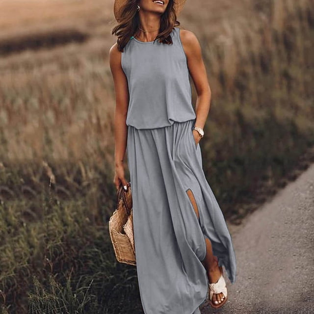 MesaSe Femmes Casual Robe Robe d'Été pour les Femmes Cou Sans Manches Maxi Robes de Fourche de Couleur Unie Ouverture Robe Femmes Vêtements L AG