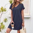 thumbnail image 2 of LOVZFMLL Robes d'Été pour Femmes Décontractées Amples T-Shirt Robe Droite Col en V Manches Courtes à Revers Uni Basique Tenues Quotidiennes Bleu Foncé TTG, 2 of 8