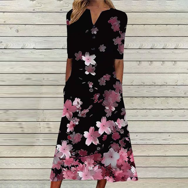 Ovzne Robes pour Femmes Robe de Plage Robe Unie Ample Décontractée à la Mode Imprimée à Manches Courtes à Col en V Robe Mi-Mollet à Manches Courtes à Col en V Robe Maxi Grande Taille à Manches Courtes P
