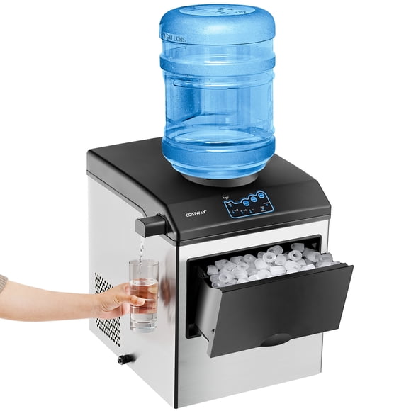 Costway Machine à Glaçons de Comptoir en Acier Inoxydable 2-en-1 avec Distributeur d'Eau 48 Lb/24 H avec Pelle