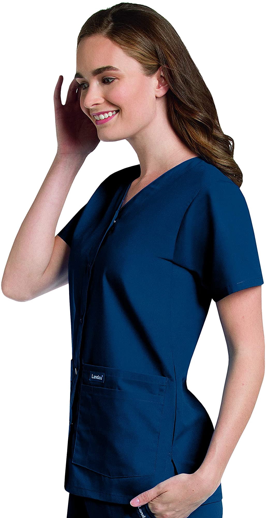 Landau Essentials Women's Snap Front Scrub Top, Classic Relaxed Fit, V-Neck, 4 Pockets