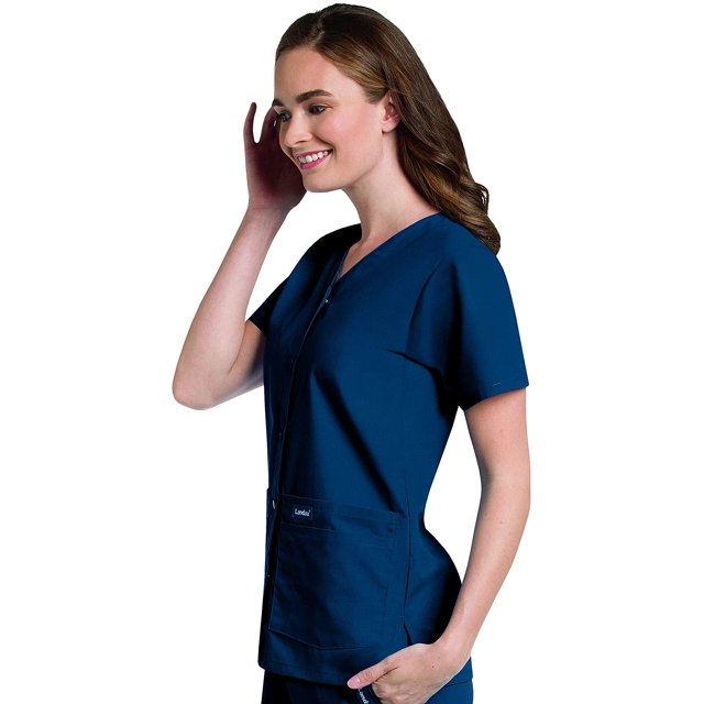 Landau Women's Essentials Snap Front Scrub Top, Classic Relaxed Fit, V-Neck, 4 Pockets