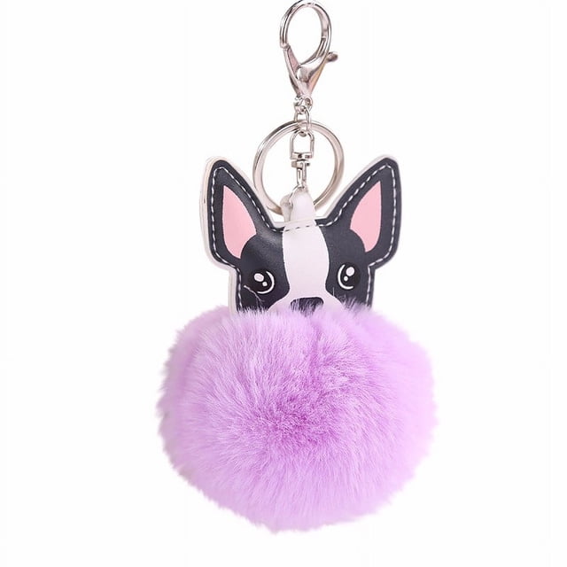 EGNMCR Keychains 8CM Cute Dog Keychain Pendant featuring a black and white dog face design with a soft purple artificial rabbit fur pompom. Includes a durable alloy key ring and clasp for attaching to keys, bags, or as a car accessory. Measures approximately 8x8 cm.