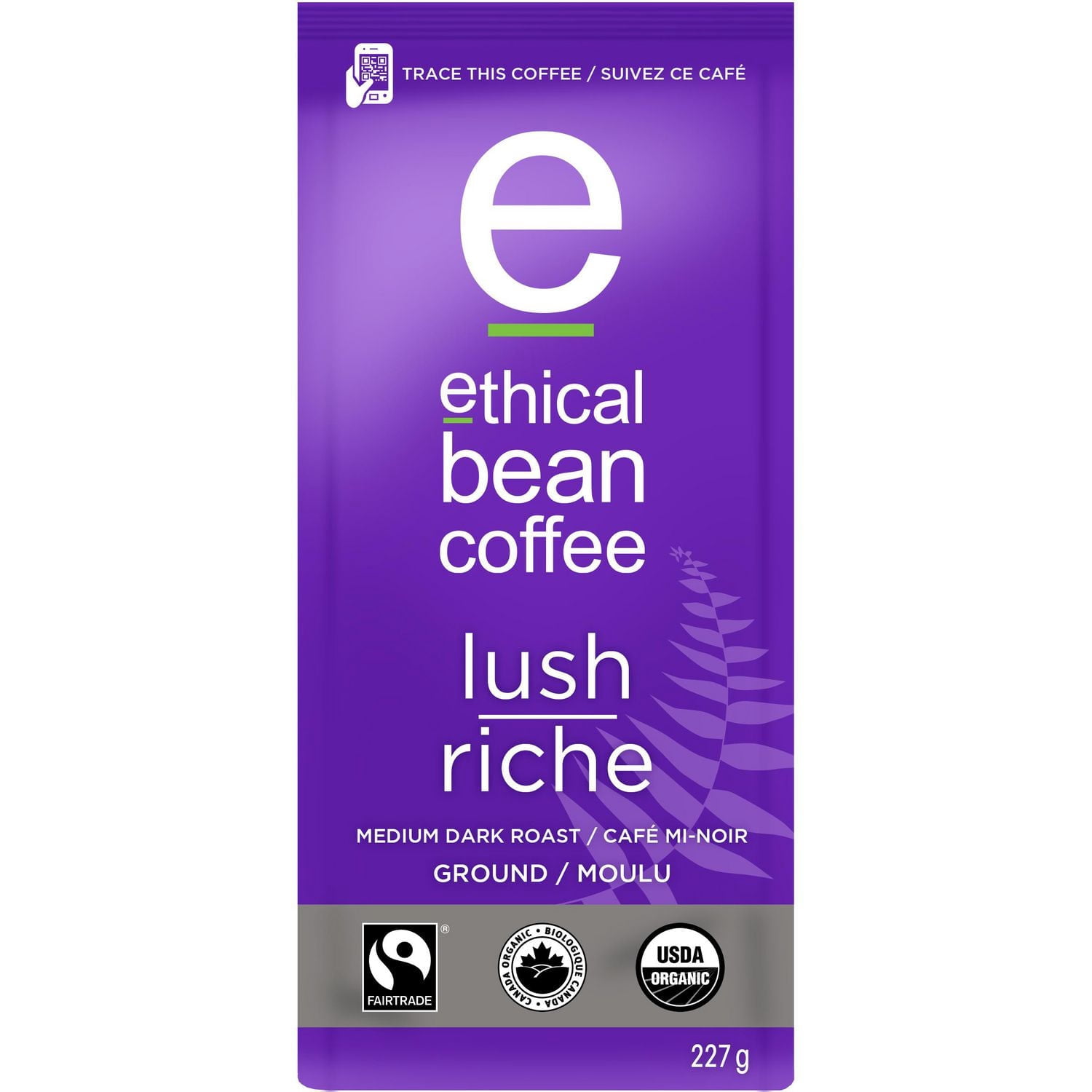 Café moulu biologique équitable Ethical Bean, torréfaction moyenne foncée luxuriante