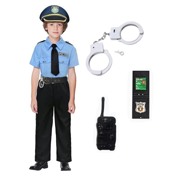 SATKULL 5 Pcs Costume de Police pour Enfants, Ensemble de Déguisement de Jeu de Rôle pour 3 - 10 Ans - Bleu