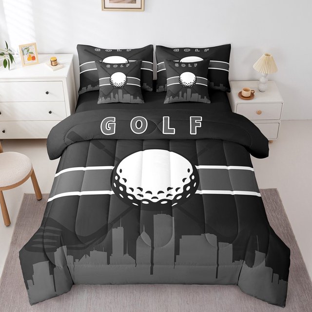 YST Literie de Golf Ensemble 7 Pcs pour Lit Simple, Ensemble Douillette Noir Gris pour Garçons