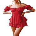 thumbnail image 1 of Women Boho Romper Off Shoulder Double Layer Ruffle Hem Chiffon Short Fairy Princess Mini Dress Jumpsuit Playsuits Black L, 1 of 7