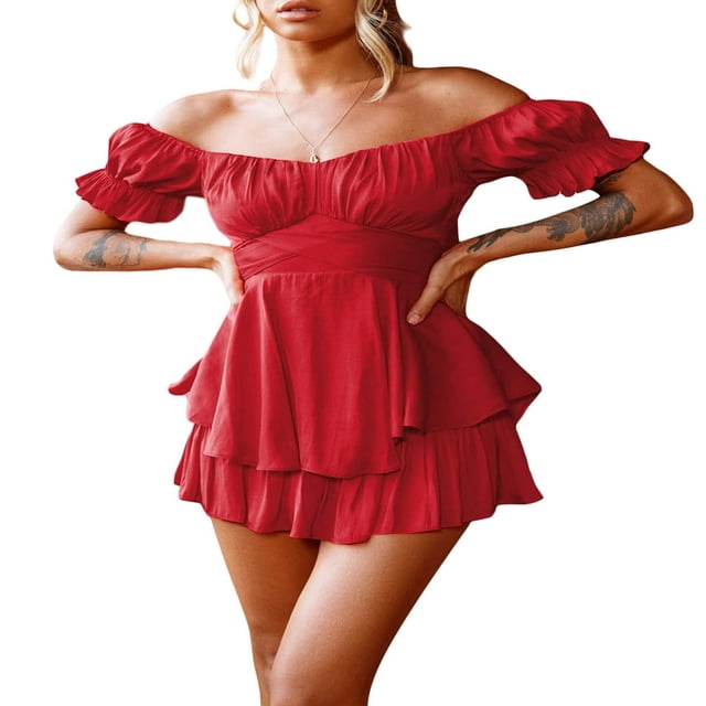 Women Boho Romper Off Shoulder Double Layer Ruffle Hem Chiffon Short Fairy Princess Mini Dress Jumpsuit Playsuits Black L