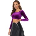 thumbnail image 4 of INSPIRE CHIC Women's Velvet Long Sleeve Off Shoulder Solid Crop Tops XL Purple, 4 of 6