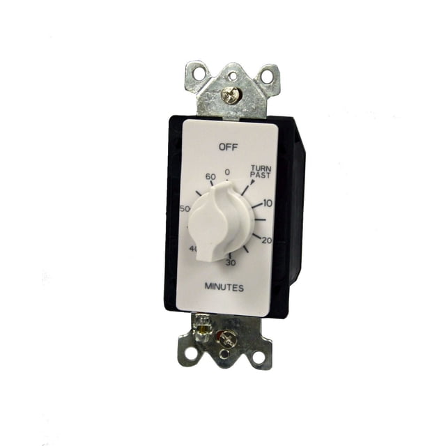 Atron Electro Industries Auto Shut-Off 60 Minute Countdown Timer with white dial and black housing, marked from 0 to 60 minutes and off position, designed for indoor wire-in installation to control kitchen appliances, heaters, and fans.