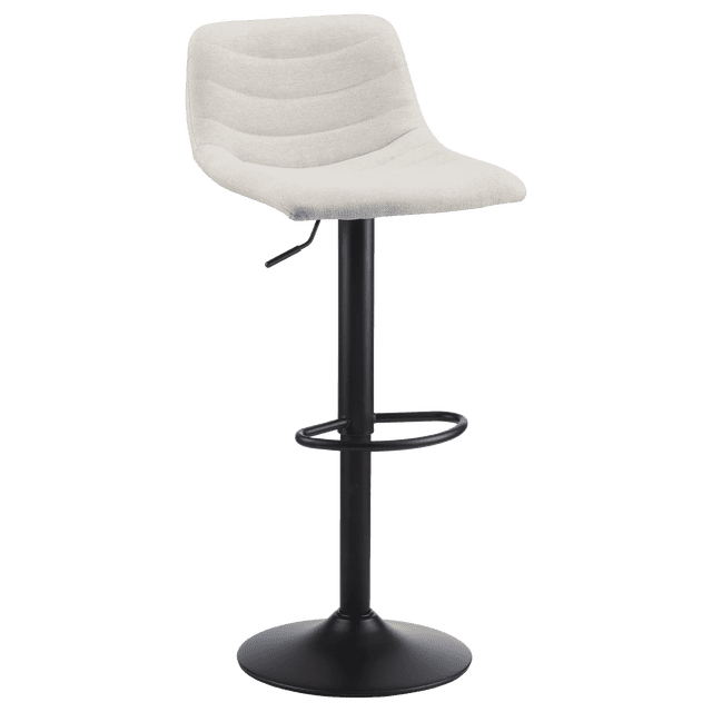 Bouclair Fabric and Metal Adjustable Bar Stool with a light beige curved fabric seat featuring horizontal channel stitching, supported by a black metal pedestal base with a circular footrest and height adjustment lever, designed for kitchen and dining seating with 360-degree swivel.