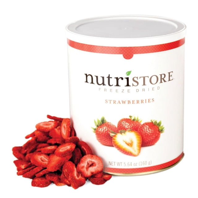 Freeze Dried Strawberries – Nutristore #10 Can showing a white can with red accents and Nutristore branding, featuring images of whole and halved strawberries on the label, alongside a pile of bright red freeze-dried strawberry slices, net weight 5.64 oz (160 g), suitable for nutritious snacks, baking, or rehydrating for recipes.