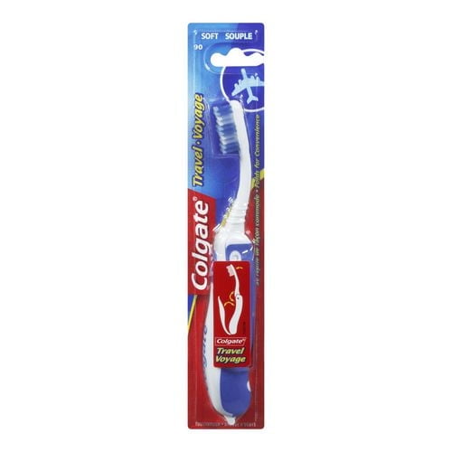 Colgate Portable Travel Toothbrush, Soft, featuring a blue and white foldable handle with a protective cover, designed for compact travel size oral care with soft bristles that clean tooth surfaces and in between.