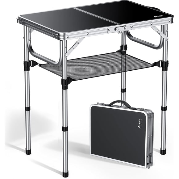 Belmora 2ft Folding Camping Table with Storage Net, 3 Adjustable Heights Small Folding Table Portable & Lightweight with Carry Handle, for Camping, Fishing, Picnic, Beach, Outdoor, 22.8" x 15.7"