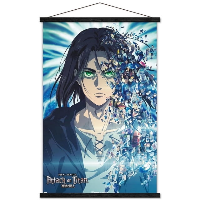Attack on Titan : The Final Season - Affiche Murale de Fragments, 14,725 Po x 22,375 Po, Représentant un Personnage d'Anime aux Longs Cheveux Foncés Portant une Chemise Blanche en Dentelle et une Veste Foncée, le Côté Droit Se Dissolvant en de Nombreux Petits Fragments Montrant Divers Personnages et Scènes de la Série, sur Fond Bleu et Blanc Radieux, Imprimée sur Papier Lustré avec Montages Adhésifs pour une Suspension Facile, Idéale pour la Décoration Murale de Chambre Ou de Bureau.