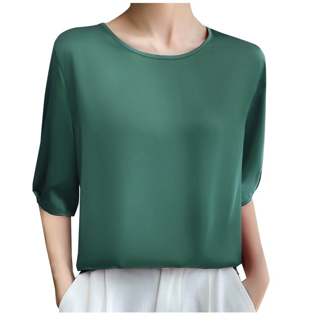 Plebaso Hauts à Col Rond à Manches Mi-Longues pour Femmes, Blouses Amples Décontractées d'Été, Hauts Élégants de Couleur Unie pour Femmes