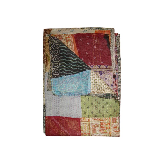 KANTHA SILK THROW BLANKET 60"X90" folded, handcrafted with quilted patchwork silk squares in red, green, blue, black, and beige featuring detailed stitched patterns, suitable as a throw, wall hanging, or table cover.