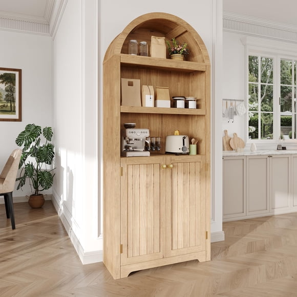 BeesClover 71.6" Tall Arched Storage Cabinet, 5 Tier Wooden Pantry Cabinet with Doors and Adjustable Shelves, Home Office Arch Book Shelf Storage Organizer for Living Room, Bedroom