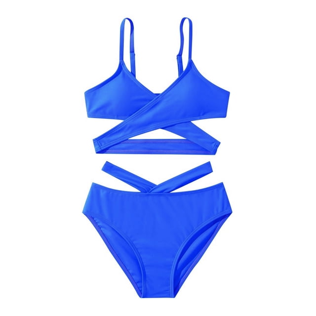 MIASHUI Girls 2 Piece Swimsuits Solid Spaghetti Strap Bikini Set in blue for ages 7-8 years. This girls' swimwear features a spaghetti strap top with crisscross detailing and matching high-waisted bottoms. Made of nylon and spandex for comfort and flexibility, ideal for swimming, beach outings, and water activities.
