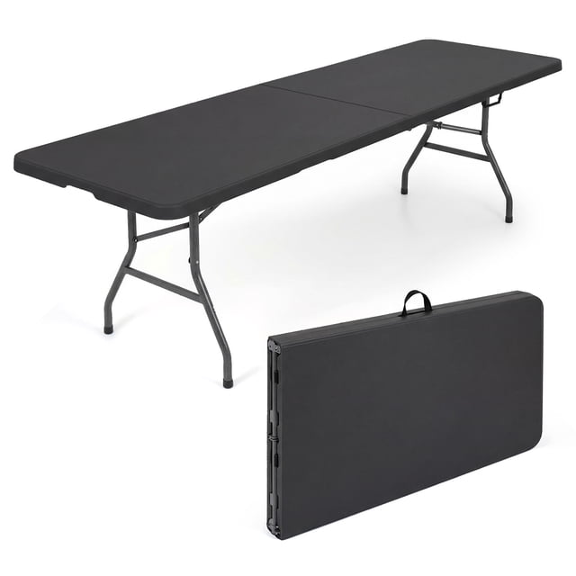 Costway 8 ft Portable Folding Table with HDPE Tabletop Safe Lock Mechanism Carrying Handle Black centered front-facing view of the full 96.5" x 29" black folding table showing textured HDPE surface with slightly raised middle, reinforced coated metal legs with anti-slip footpads, center hinge and safety lock and a folding carrying handle for transport; suitable as a portable picnic table or temporary buffet table.