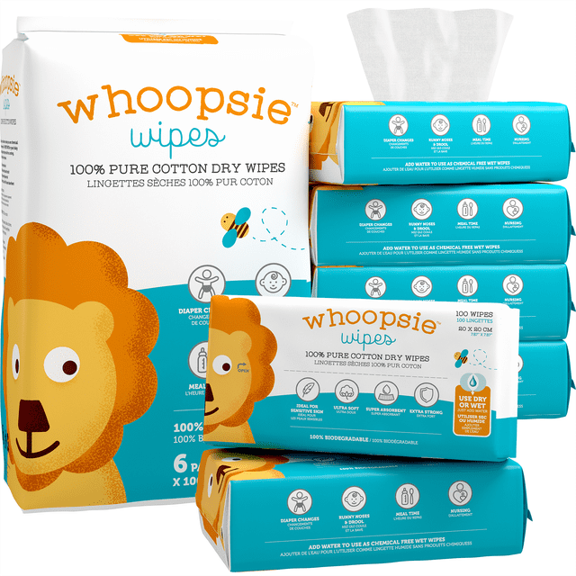 Whoopsie Wipes – The Original 100% Pure Cotton Dry Baby Wipes, displayed in a 6-pack (600 count) packaging. These ultra-soft, unscented, chemical-free wipes are ideal for sensitive skin and can be used dry or wet by adding water. The packaging features a lion graphic and emphasizes key attributes such as biodegradable material, versatility for diaper changes, mealtime, nursing, and travel-friendly use.